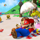 Mario sleeps on the beach while Princess Peach provides him some shade with her pink umbrella.